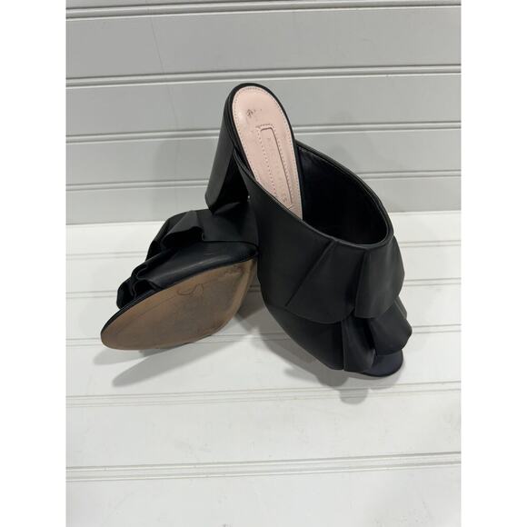 Avec Les Filles Shoes - Avec Les Filles Black Ruffle Leather Peep Toe Heeled Mules Size 7.5